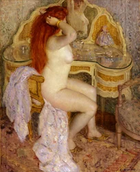 Nue assise à sa coiffeuse